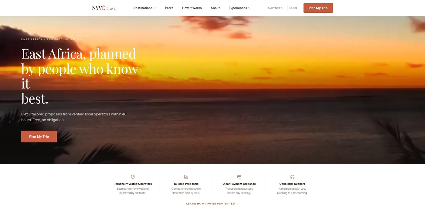 NYVé Travel homepage showing the East Africa tailored journeys hero and traveller promises