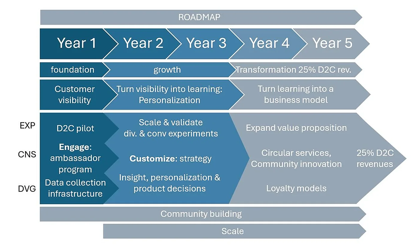 GreenStride five-year transformation roadmap from foundation and growth to 25% direct-to-consumer revenue