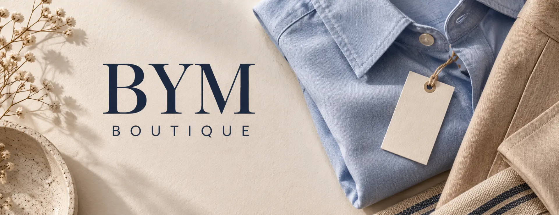 BYM Boutique brand image showing folded shirts, a price tag and the BYM Boutique wordmark