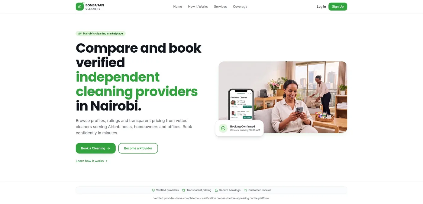 Bomba Safi Cleaners homepage showing the Nairobi cleaning marketplace hero and booking flow